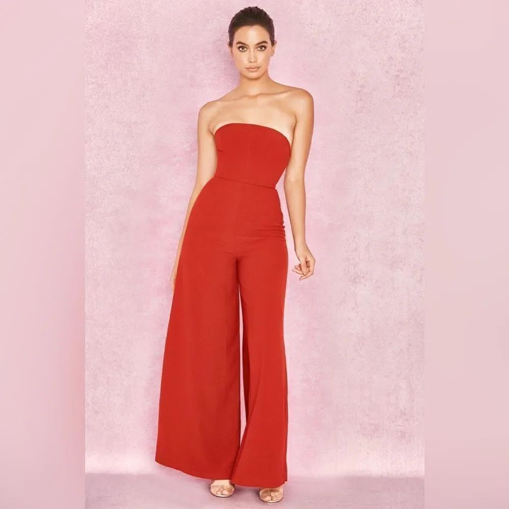 House of CB MARIEFRANCE RUST WIDE LEG CORSET JUMPSUIT